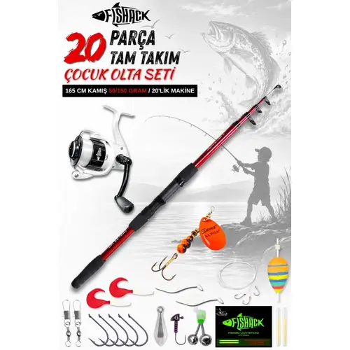 20 Parça Tam Takım Çocuk Olta Seti - 165cm Kamış 50-150 GR/20'lik Makine (Beyaz)