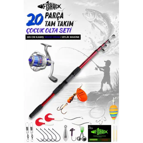 20 Parça Tam Takım Çocuk Olta Seti - 165cm Kamış 50-150 GR/20'lik Makine (Mavi)