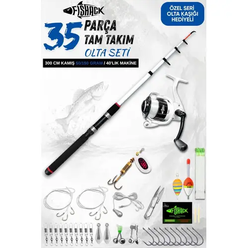 35 Parça Tam Takım Olta Seti - 300cm Kamış 50-150GR / 40'lık Makine (Beyaz)