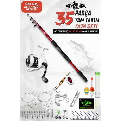 35 Parça Tam Takım Olta Seti - 300cm Kamış 50-150GR / 40'luk Makine (Bordo)