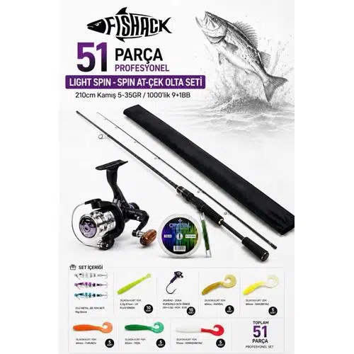 51 Parça Profesyonel Spin Olta Seti - 210cm Kamış 5-35GR / 1000'lik 10BB