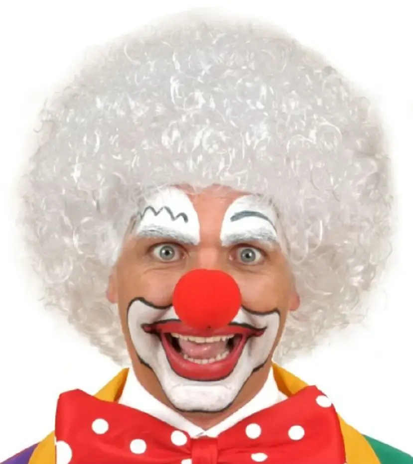 Beyaz Renk Kıvırcık Afro Bonus Peruk Saç ve Kırmızı Sünger Burun Seti Beyaz Renk Kıvırcık Afro Bonus Peruk Saç ve Kırmızı Sünger Burun Seti