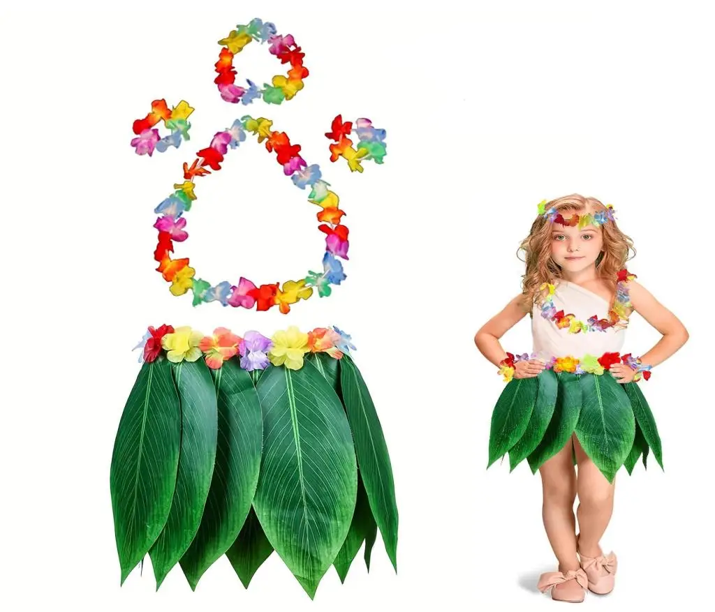 Çocuk Hawaii Kostüm Seti - Yaprak Etek & Hawaii Set - 5 Parça Çocuk Hawaii Kostüm Seti - Yaprak Etek & Hawaii Set - 5 Parça