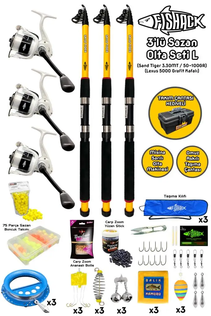Fishack 3`lü Sazan Olta Seti L - 3.30MT/50-100GR Fishack 3`lü Sazan Olta Seti L - 3.30MT/50-100GR