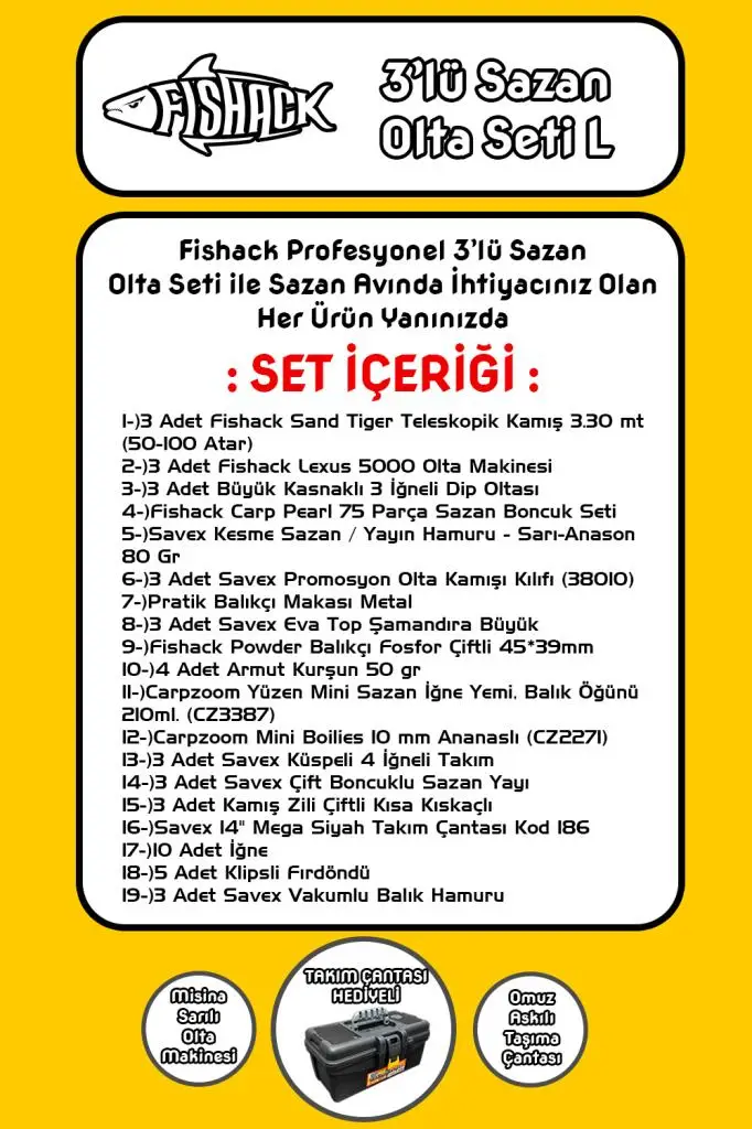 Fishack 3`lü Sazan Olta Seti L - 3.30MT/50-100GR Fishack 3`lü Sazan Olta Seti L - 3.30MT/50-100GR