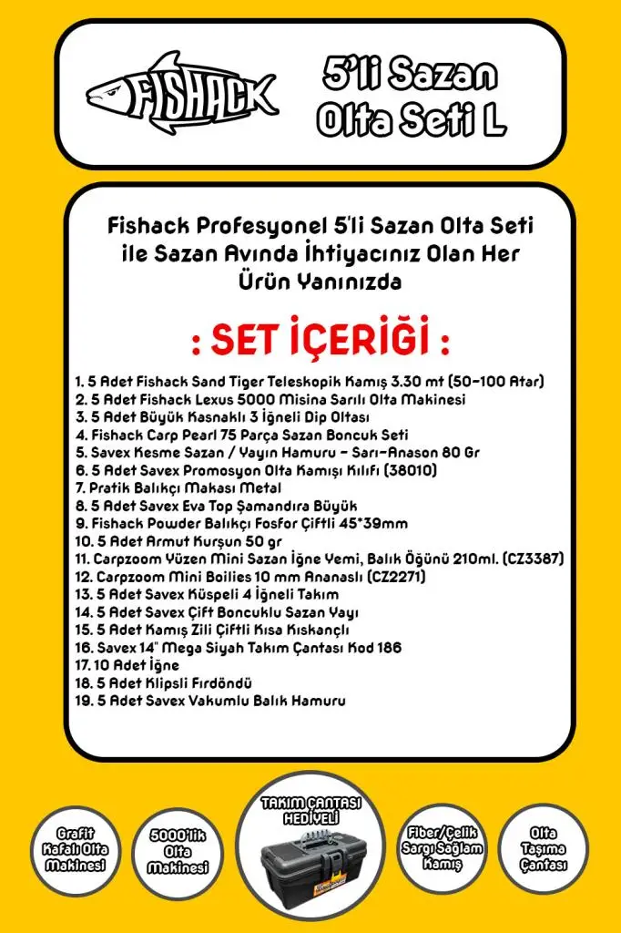 Fishack 5`li Sazan Olta Seti L - 3.30MT/50-100GR Fishack 5`li Sazan Olta Seti L - 3.30MT/50-100GR