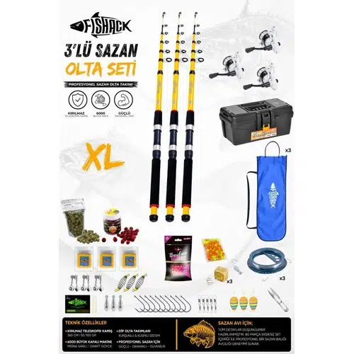 Full Set Profesyonel 3'lü Sazan Olta Seti - XL - Kırılmaz Kamış