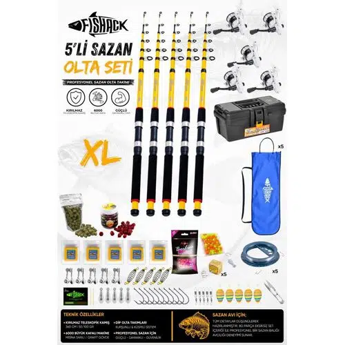 Full Set Profesyonel 5'li Sazan Olta Seti - XL - Kırılmaz Kamış