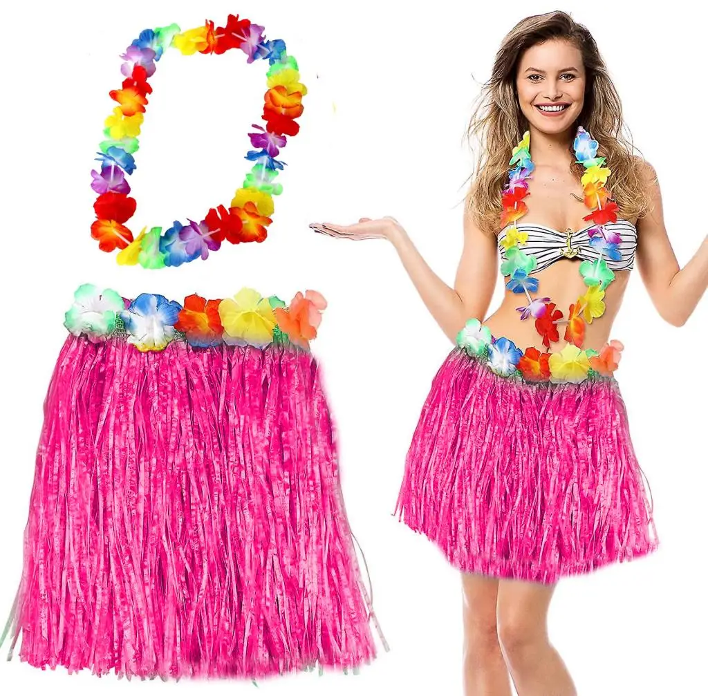 Hawaii Luau Aloha Pembe Püsküllü 40 cm Etek ve Hawaii Kolye Seti Hawaii Luau Aloha Pembe Püsküllü 40 cm Etek ve Hawaii Kolye Seti