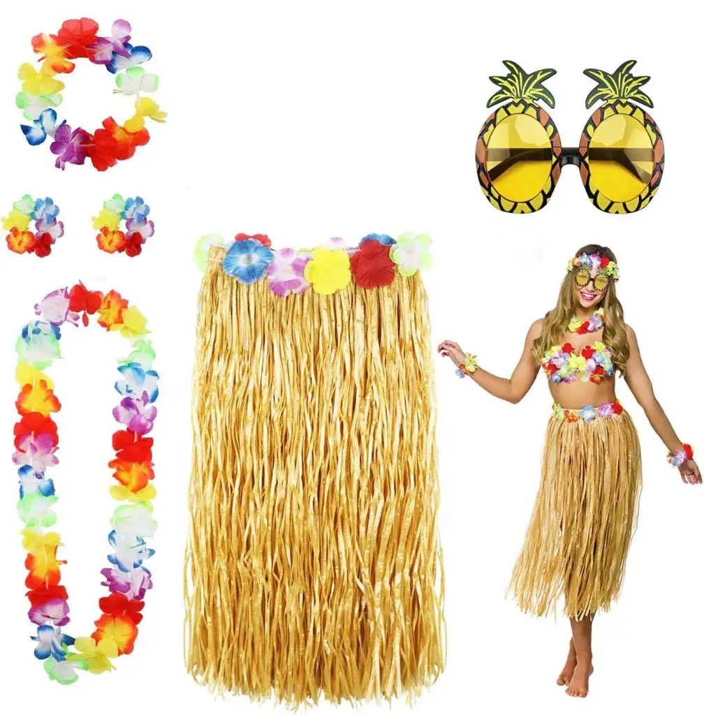 Hawaii Parti Kostüm Seti - 60 cm Hasır Etek, Çiçekli Aksesuarlar ve Ananas Gözlük Hawaii Parti Kostüm Seti - 60 cm Hasır Etek, Çiçekli Aksesuarlar ve Ananas Gözlük
