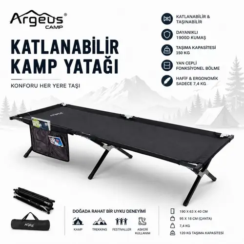 Katlanır Kamp Yatağı Kampet - Taşıma Çantalı - 150KG Taşıma - Siyah