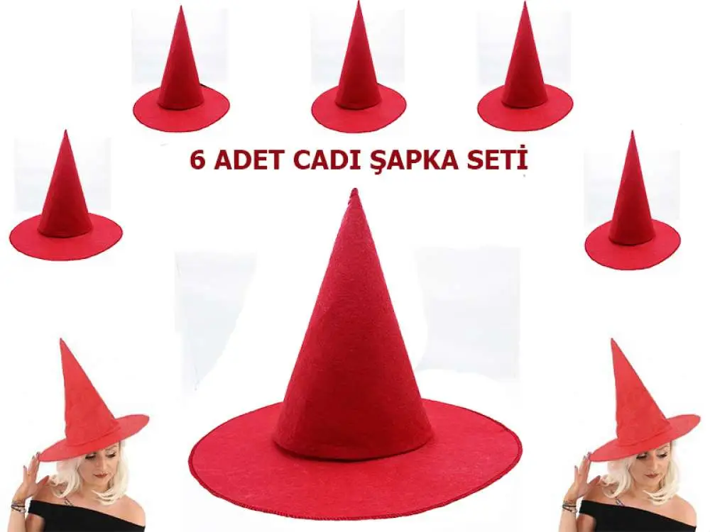 Kırmızı Renk Keçe Cadı Şapkası Yetişkin Çocuk Uyumlu 6 Adet Kırmızı Renk Keçe Cadı Şapkası Yetişkin Çocuk Uyumlu 6 Adet