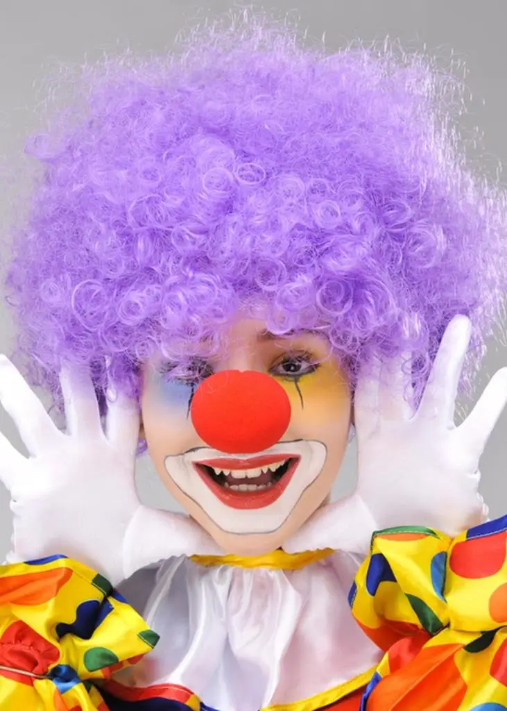 Mor Renk Kıvırcık Afro Bonus Peruk Takma Saç ve Kırmızı Burun Seti Mor Renk Kıvırcık Afro Bonus Peruk Takma Saç ve Kırmızı Burun Seti