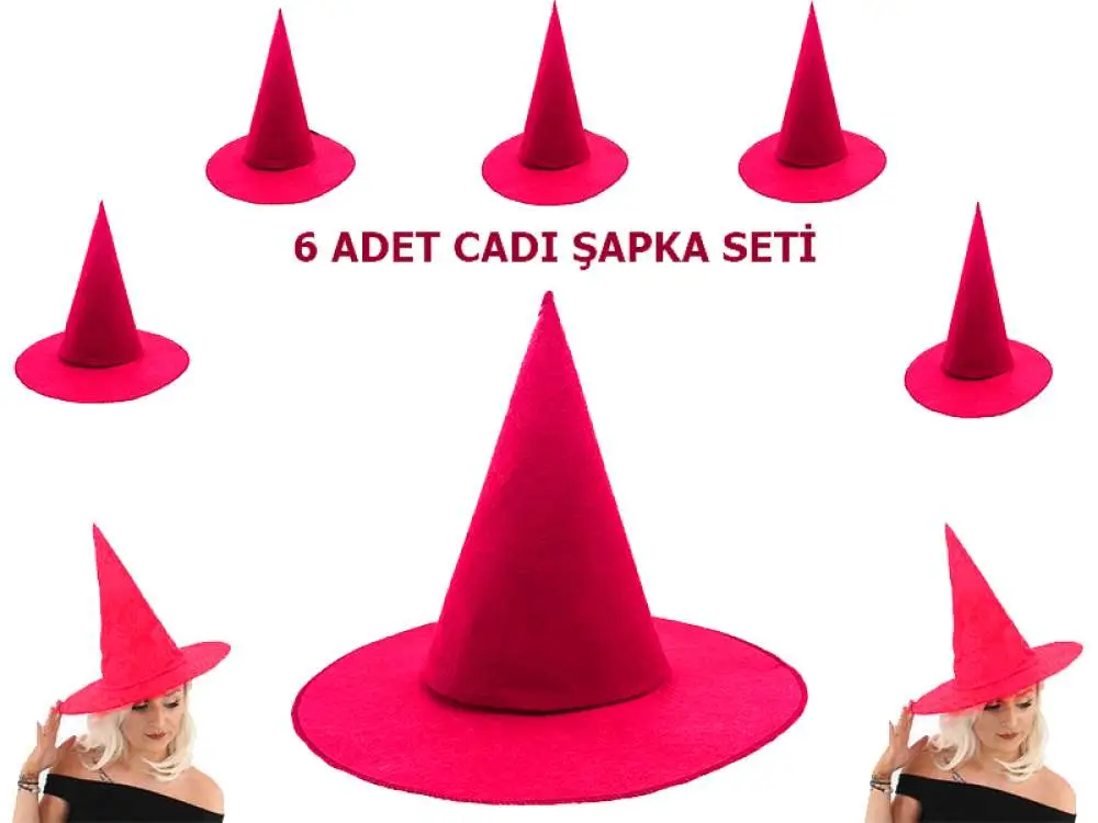 Pembe Fuşya Renk Keçe Cadı Şapkası Yetişkin Çocuk Uyumlu 6 Adet Pembe Fuşya Renk Keçe Cadı Şapkası Yetişkin Çocuk Uyumlu 6 Adet