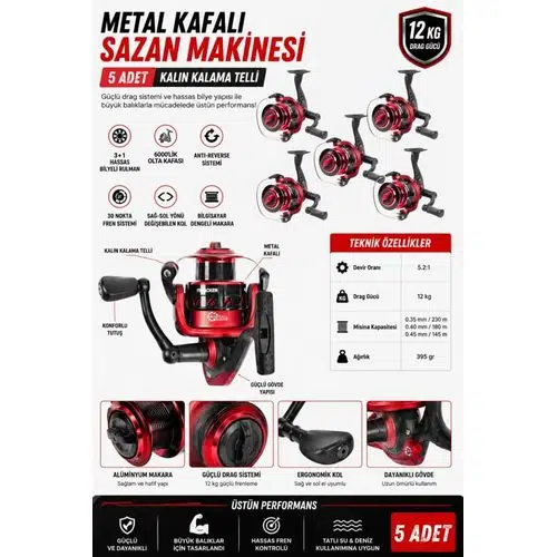 Profesyonel 5'li Sazan Olta Takımı - 3.60MT- Kırılmaz Kamış Metal
