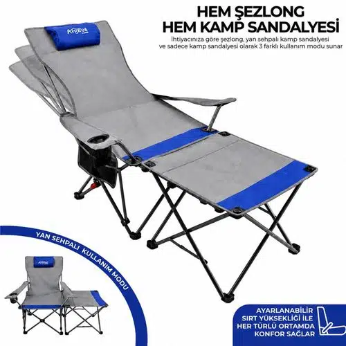 Sırt Ayarlı Katlanabilir Kamp Sandalyesi - 4 Kademeli - Lounge - Gri/Mavi