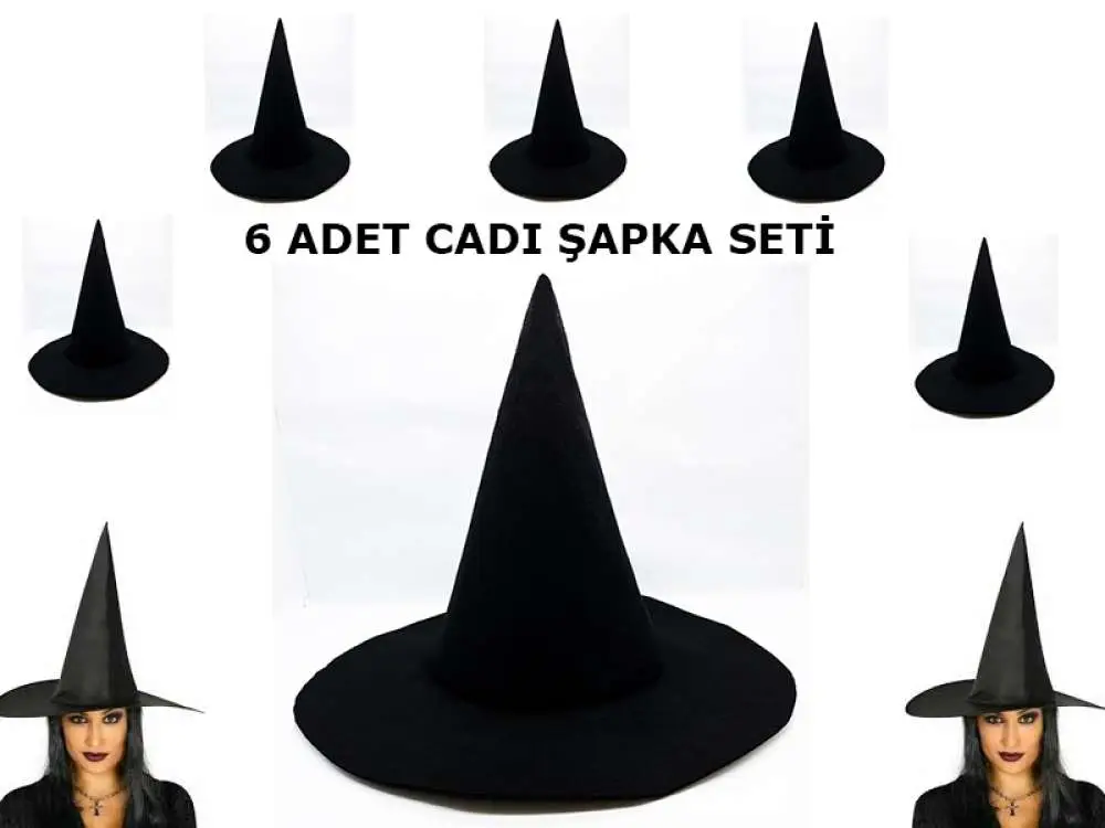Siyah Cadı Şapkası Keçe Yetişkin Boy 6 Adet Siyah Cadı Şapkası Keçe Yetişkin Boy 6 Adet