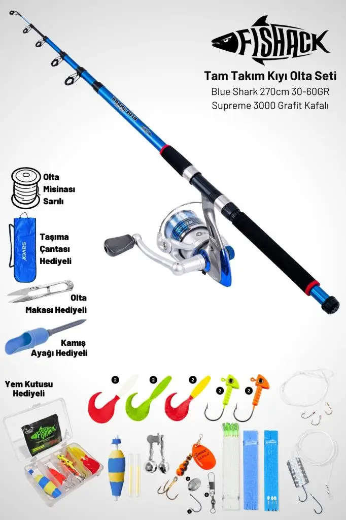 Tam Takım Kıyı Olta Seti - 270cm Kamış 30-60GR / 3000`lik Supreme Olta Makinesi - Taşıma Çantalı Tam Takım Kıyı Olta Seti - 270cm Kamış 30-60GR / 3000`lik Supreme Olta Makinesi - Taşıma Çantalı