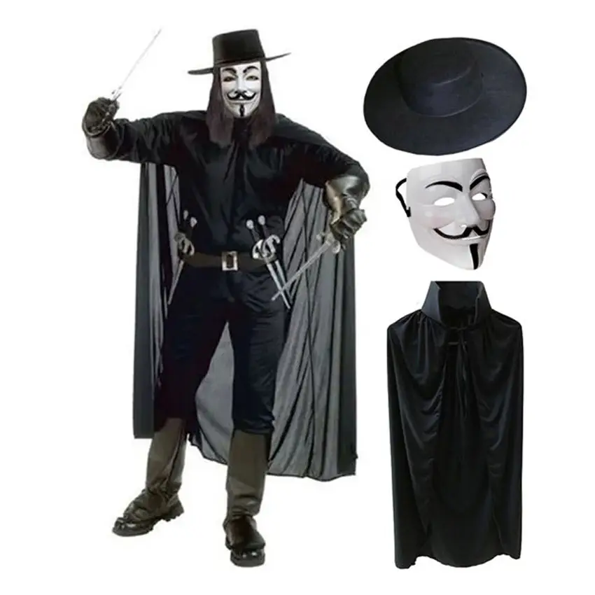 V For Vendetta Maskesi Şapkası ve Pelerin Kostüm Seti Yetişkin Boy V For Vendetta Maskesi Şapkası ve Pelerin Kostüm Seti Yetişkin Boy