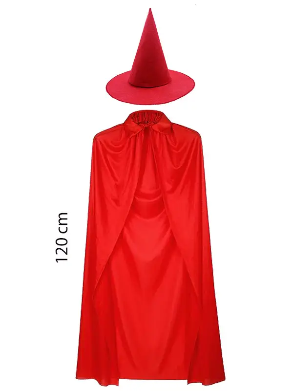 Yetişkin Boy 120 cm Kırmızı Yakalı Pelerin ve Kırmızı Cadı Şapkası Yetişkin Boy 120 cm Kırmızı Yakalı Pelerin ve Kırmızı Cadı Şapkası