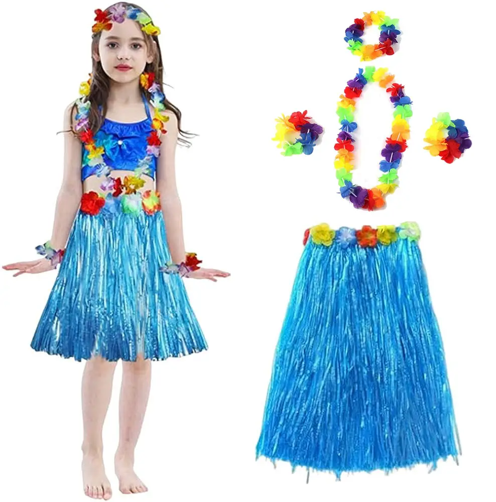 Yetişkin ve Çocuk Uyumlu Hawaii Luau Aloha Mavi Püsküllü Etek Kolye Taç ve 2 Adet Bileklik Seti Yetişkin ve Çocuk Uyumlu Hawaii Luau Aloha Mavi Püsküllü Etek Kolye Taç ve 2 Adet Bileklik Seti